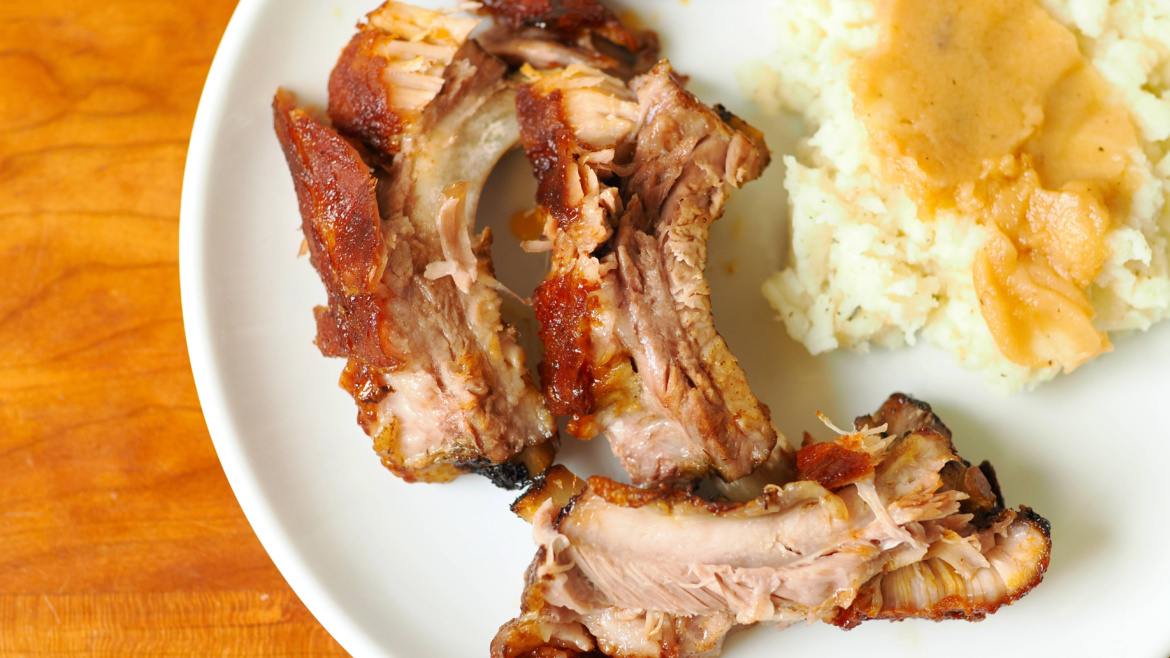 Oven-roasted barbecue ribs on a platter