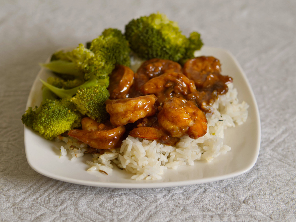 Peanut Ginger Shrimp over rice